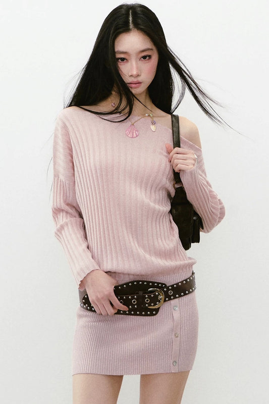 Shiny Silk Button Diagonal Shoulder Dress
