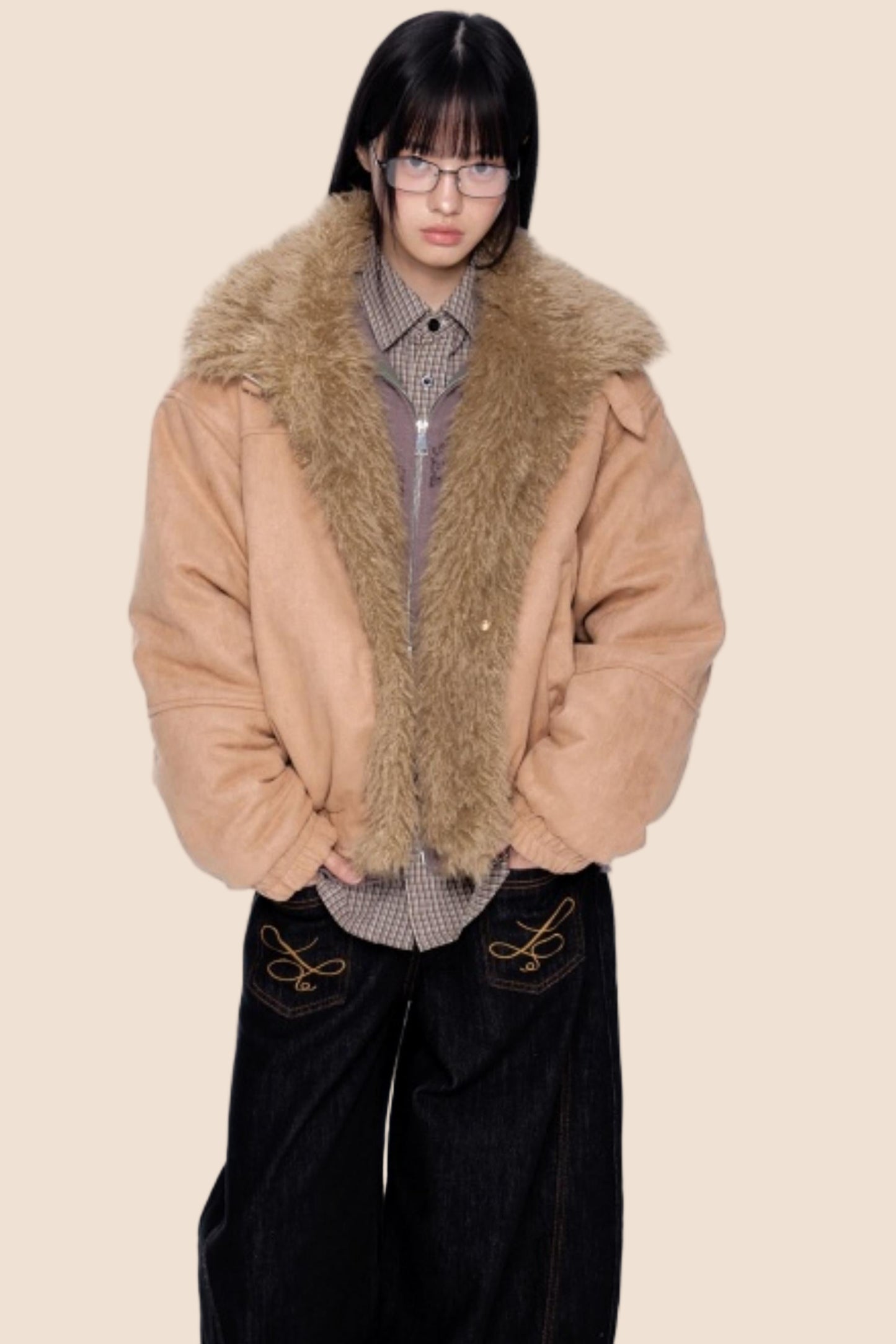 Faux Suede Fur Collar Jacket