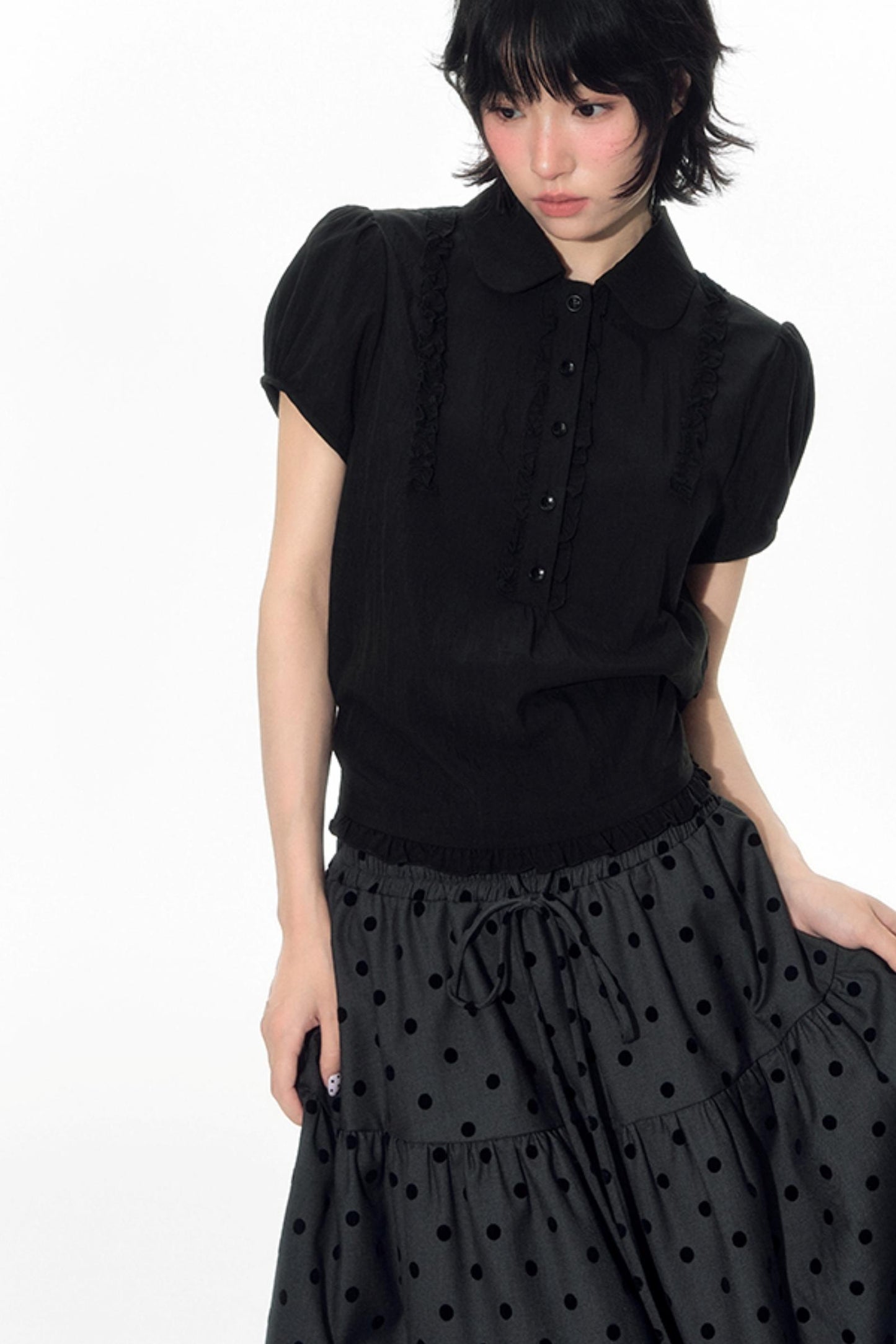 Flocked Polka Dot Umbrella Retro Skirt Set-Up