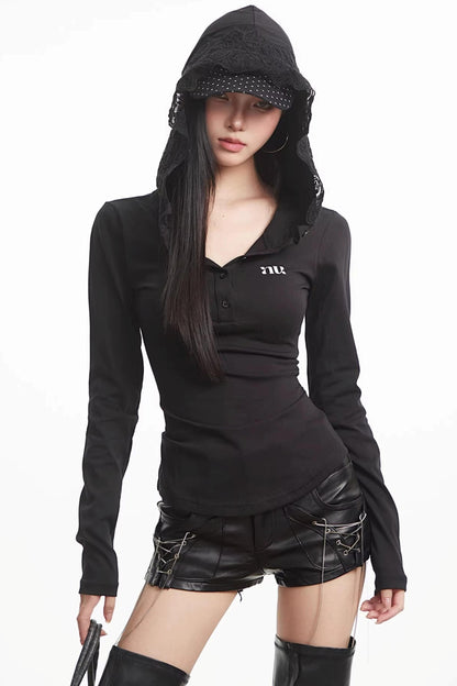 Lace Patchwork Hooded Top