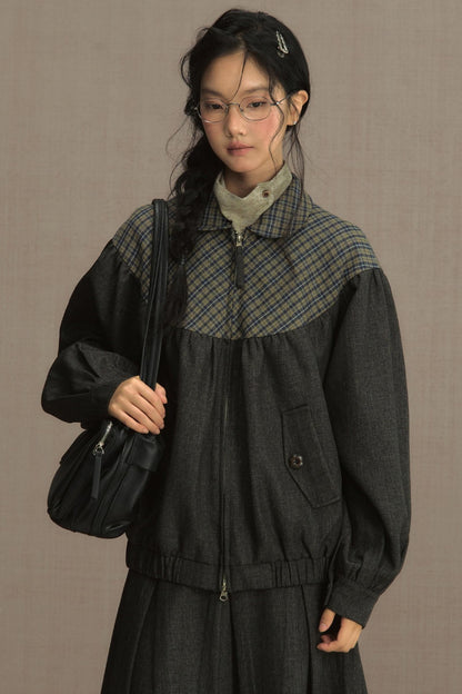 Retro Gray Plaid Cropped Jacket Set-Up