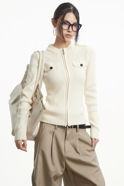 White Stand-Up Collar Knit Top