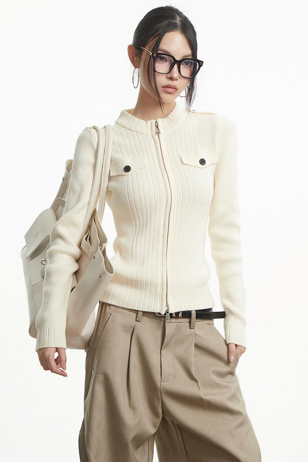 White Stand-Up Collar Knit Top