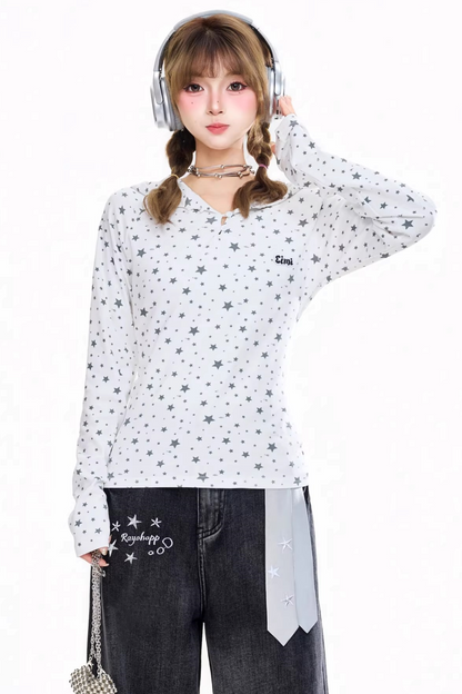 Retro Star-Printed Long-Sleeve Top