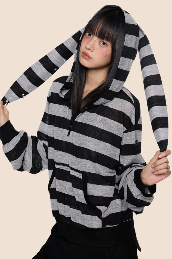 Rabbit Ears Stripe Hooded Long Sleeve Cardigan