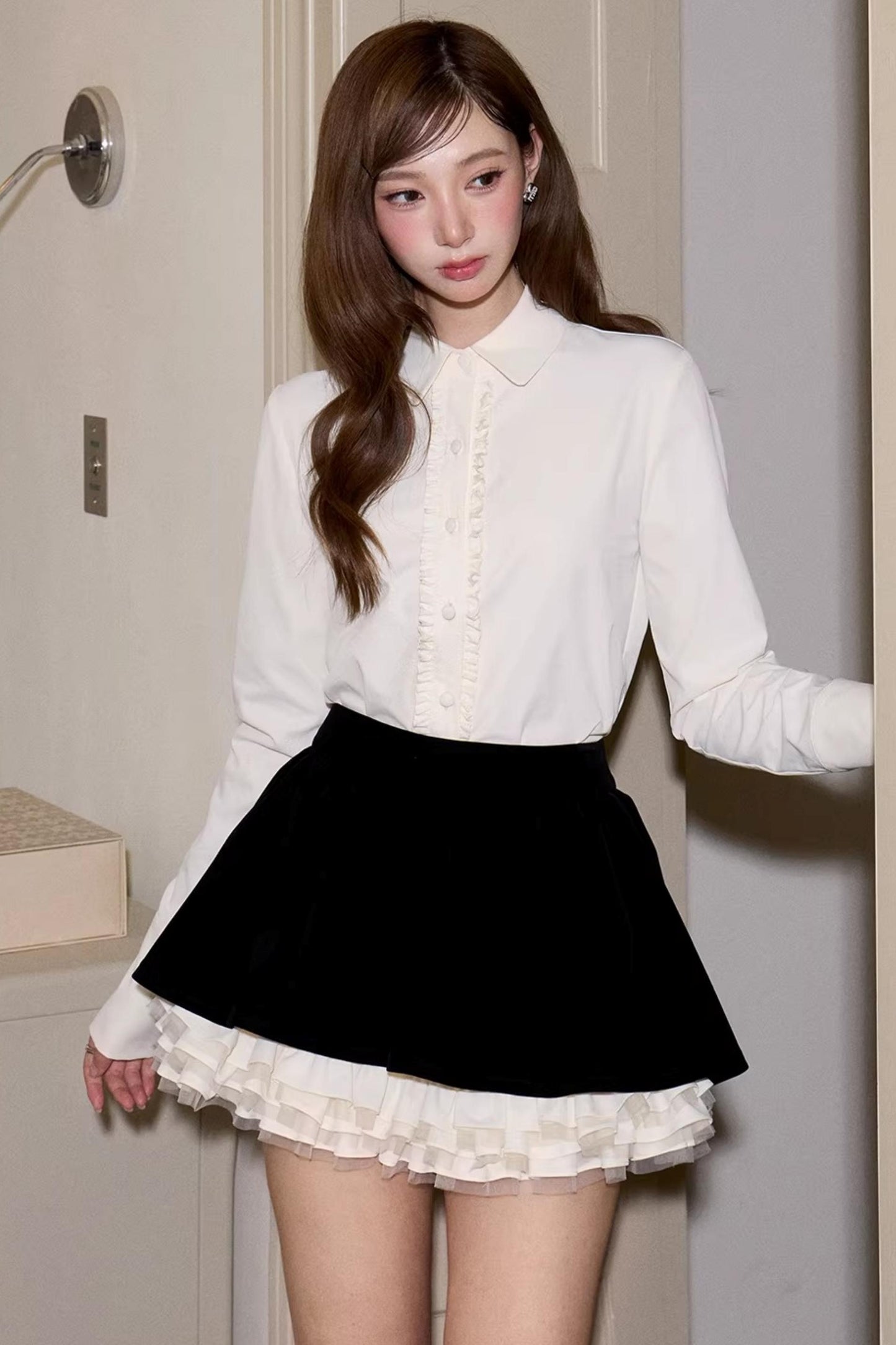 Velvet Patchwork Long-Sleeve Shirt Set-Up