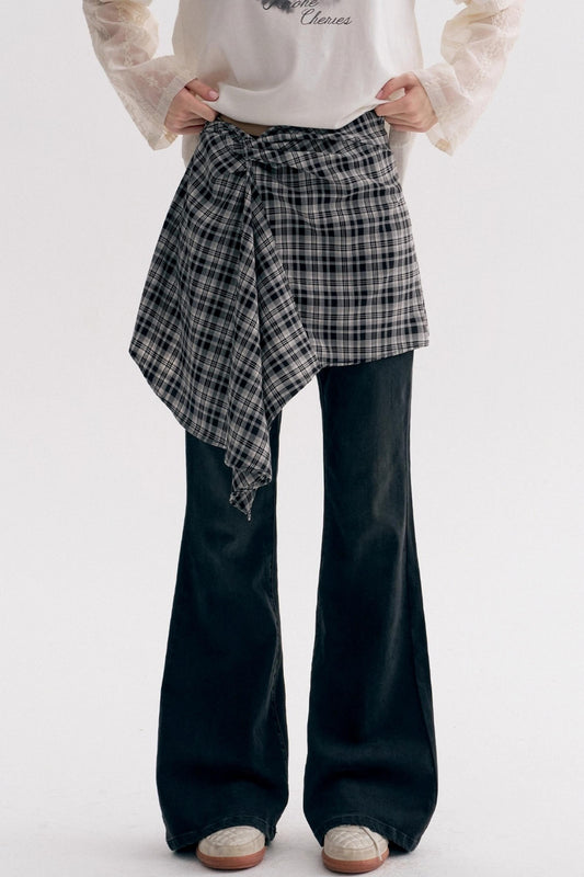 Casual Layered Real Two Plaid Jeans