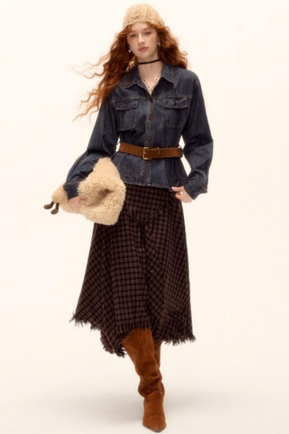 Frayed Hem Plaid Midi Skirt Belt Set