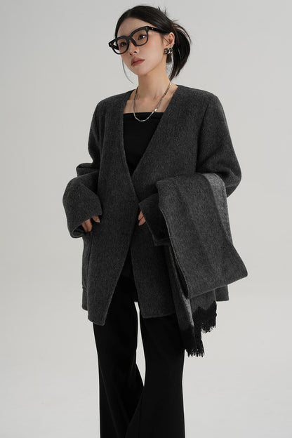 Scarf Patchwork Lace Woolen Coat