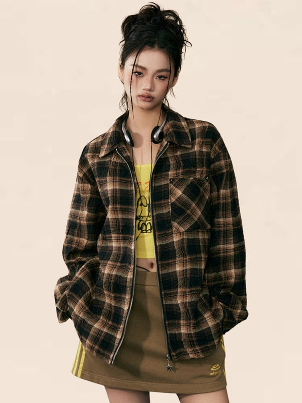 Brown Yellow Plaid Long-sleeved Shirt