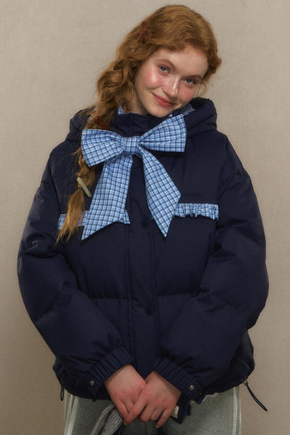 Cropped High Neck Duck Down Jacket with Bow