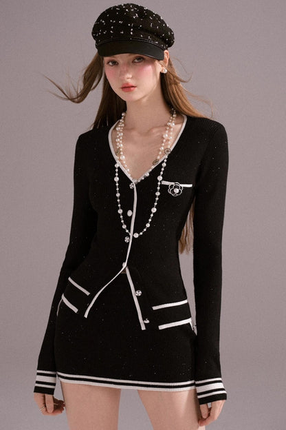 Hot Girl Contrast Knit Cardigan Suit Set-Up