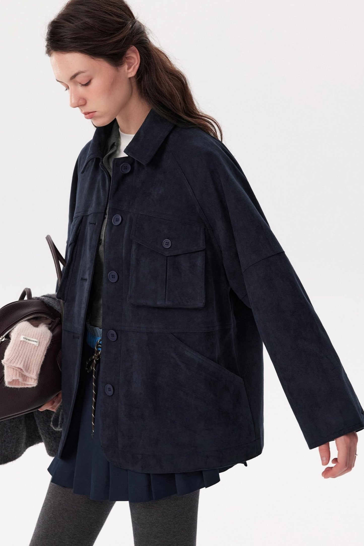 Cold Mid-Length Navy Suede Jacket
