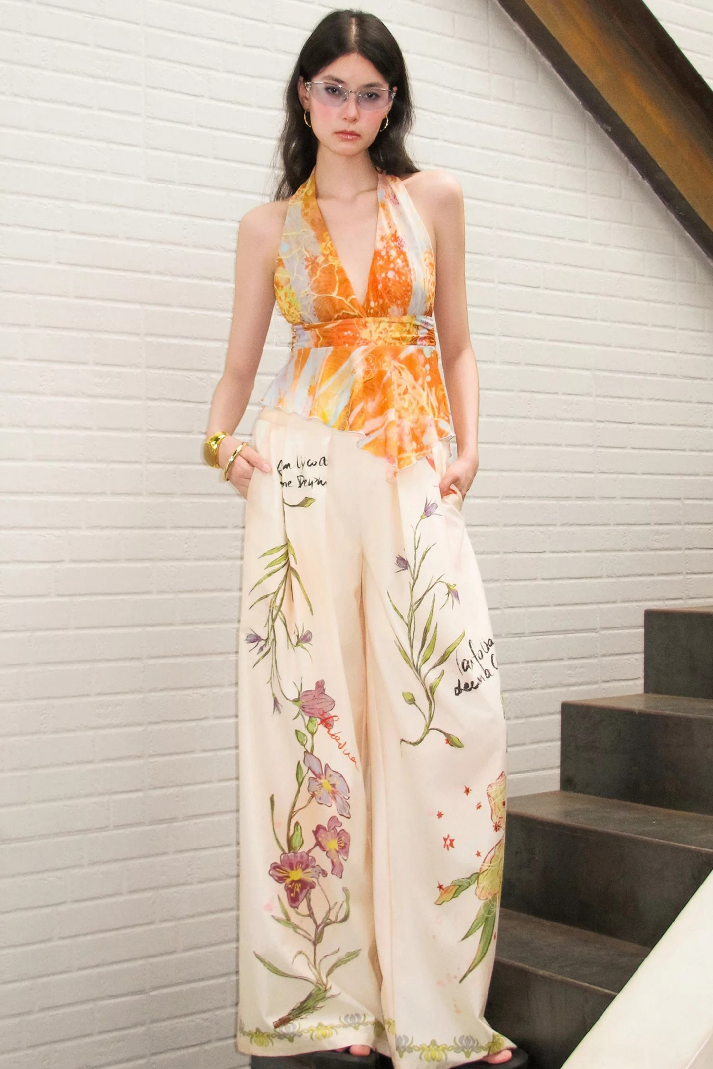 Hand-Painted Plant Print Wide Leg Pants