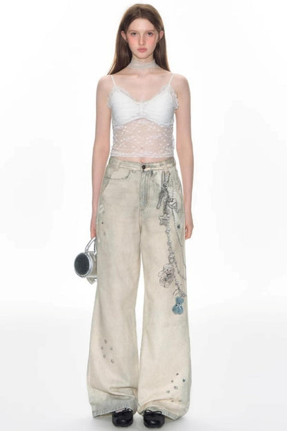 Hand-Painted 3D Printed Womens Wide-Leg Pants
