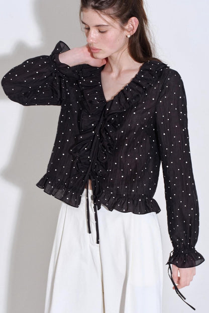 Romantic Ruffled Polka Dot V-Neck Blouse