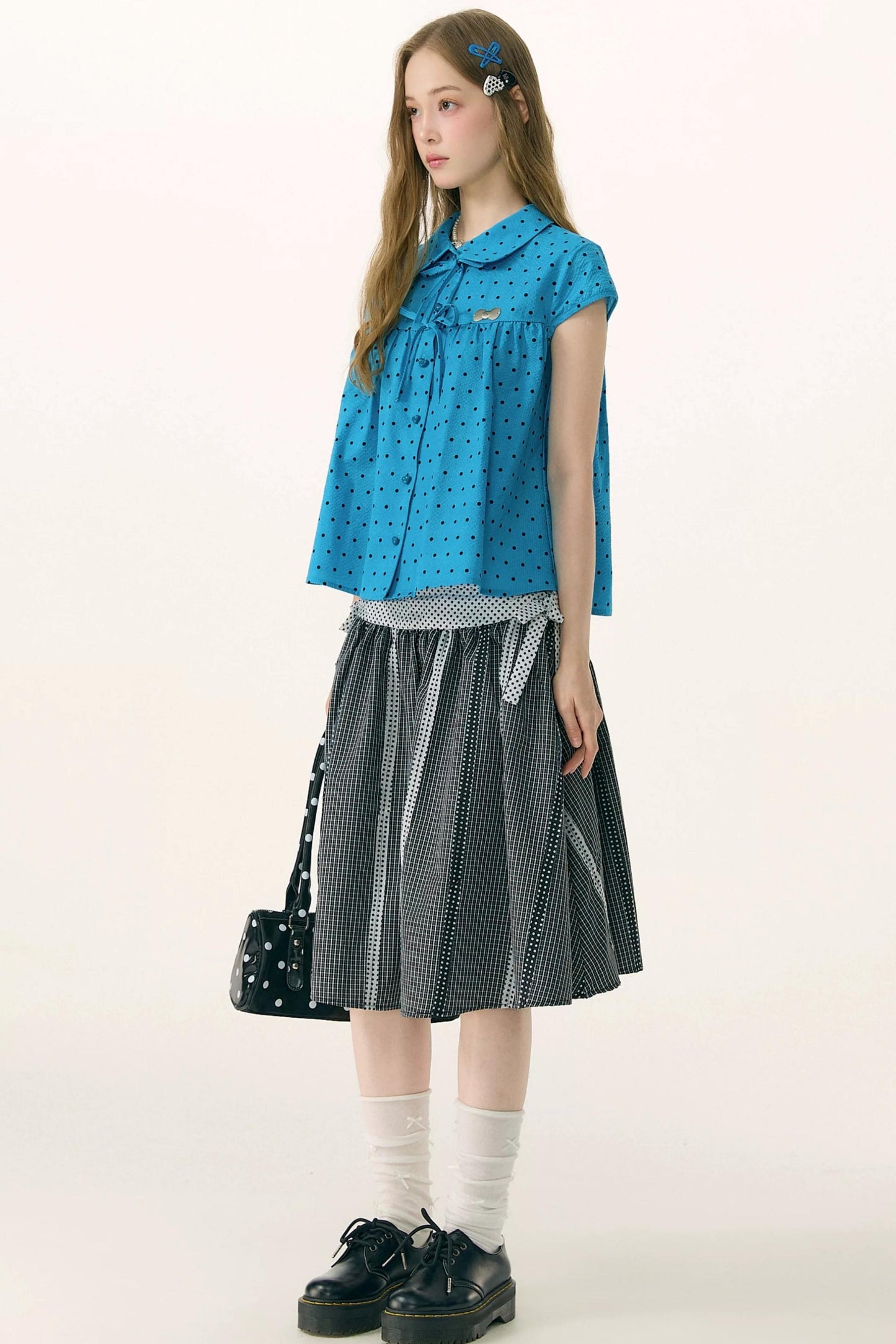 Blue Polka Dot Bow Blouse