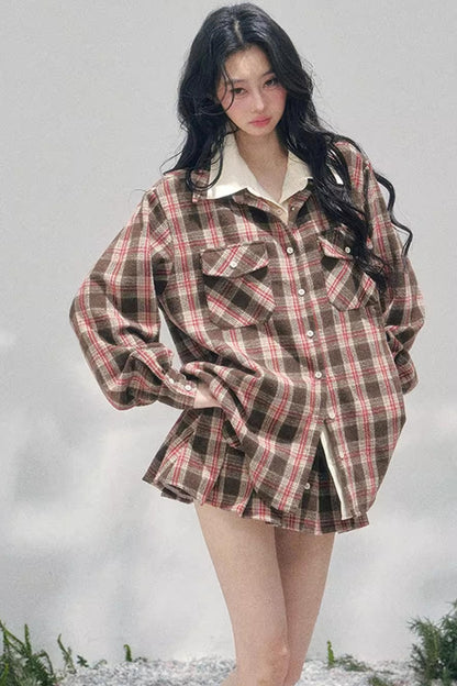 British Cafe Plaid Shirt and Short Skirt Set-Up