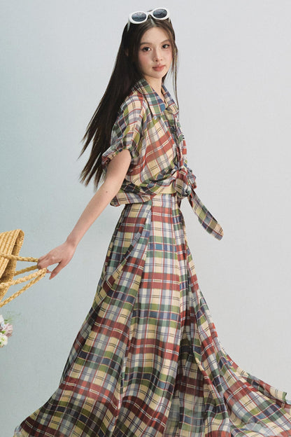 Plaid Tie Top & Midi Skirt Set-Up