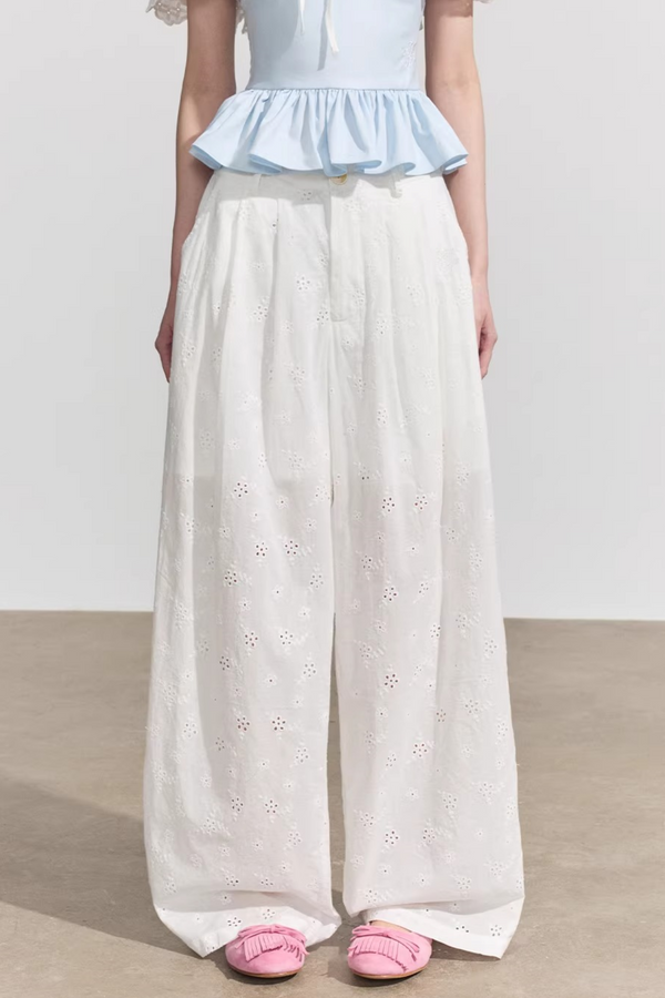 Pantalones de algodón con estampado floral blanco