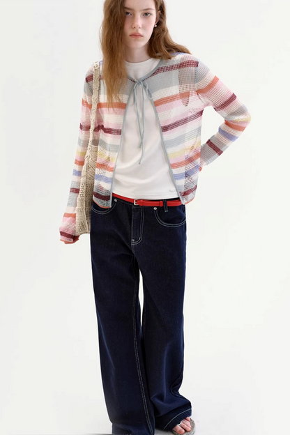 Color-Blocked Striped Knit Cardigan