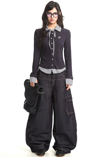 Navy Blue Plaid Knit Top