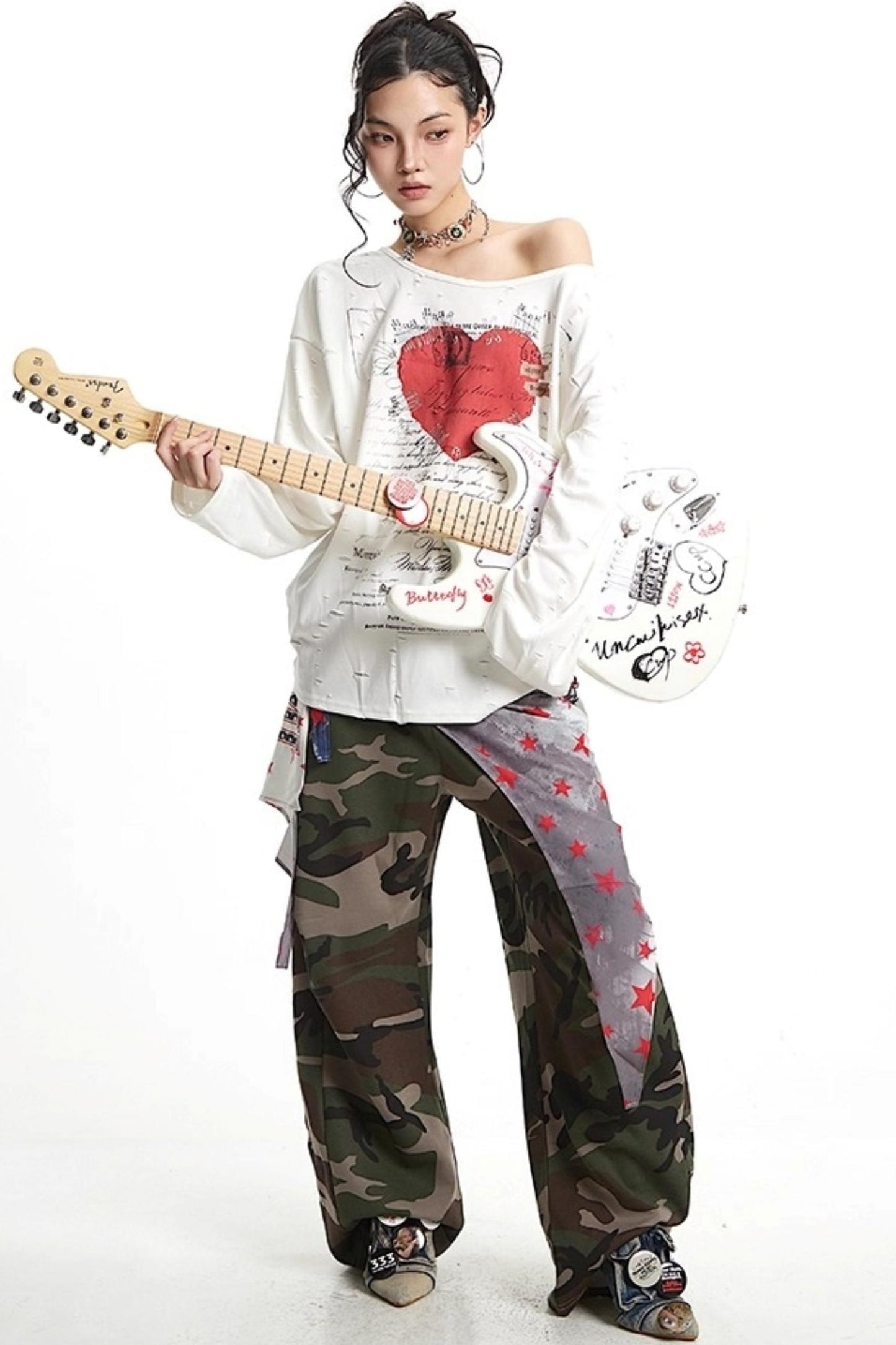 Vintage Love Print Slanted Shoulder T-Shirt