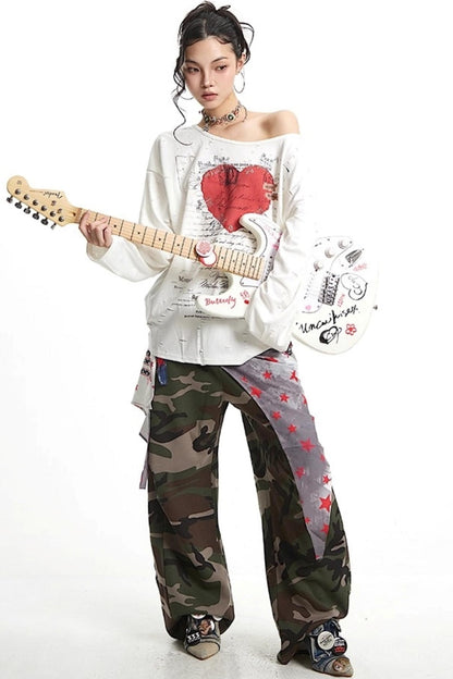 Vintage Love Print Slanted Shoulder T-Shirt