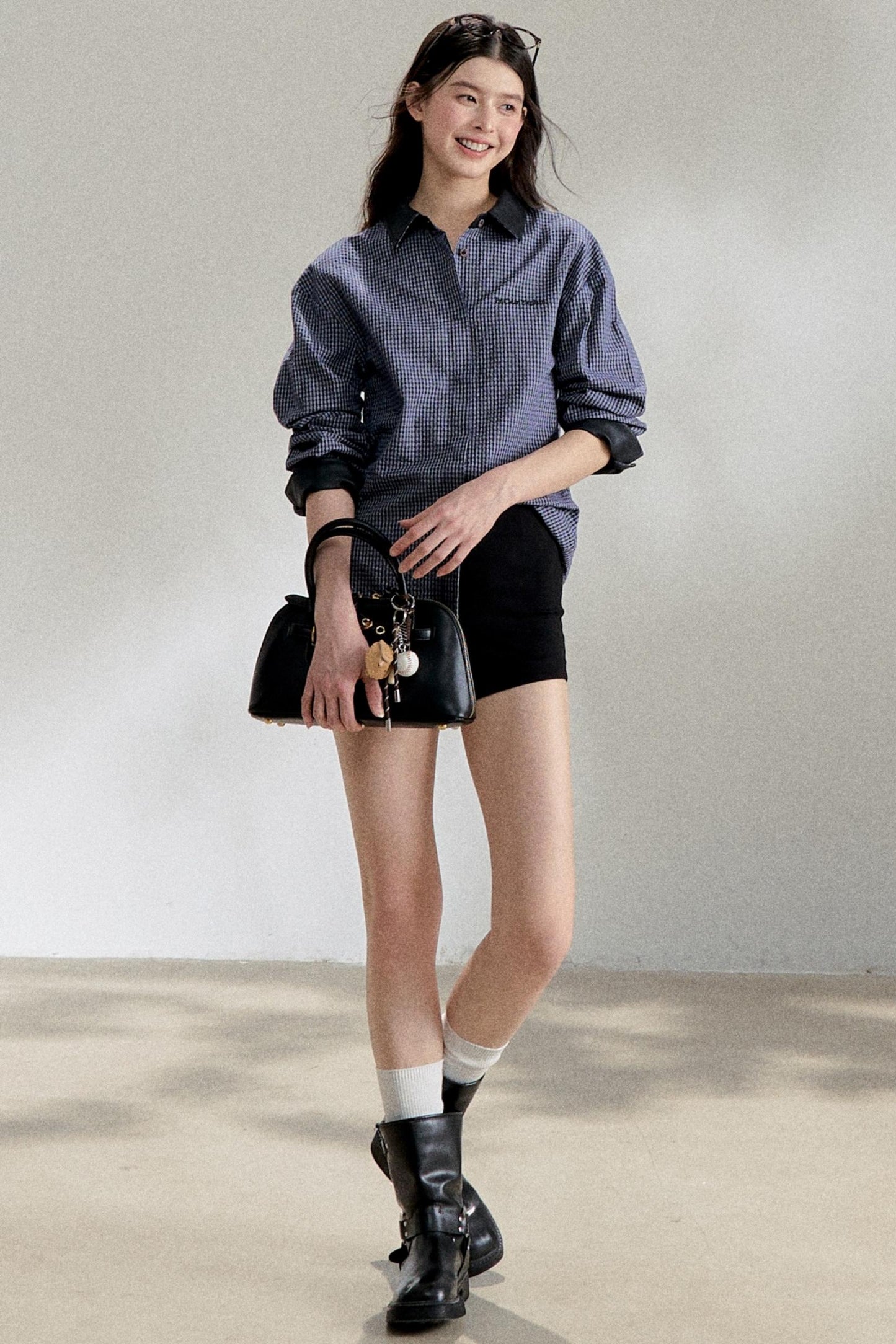 Navy Blue PU Leather Plaid Shirt