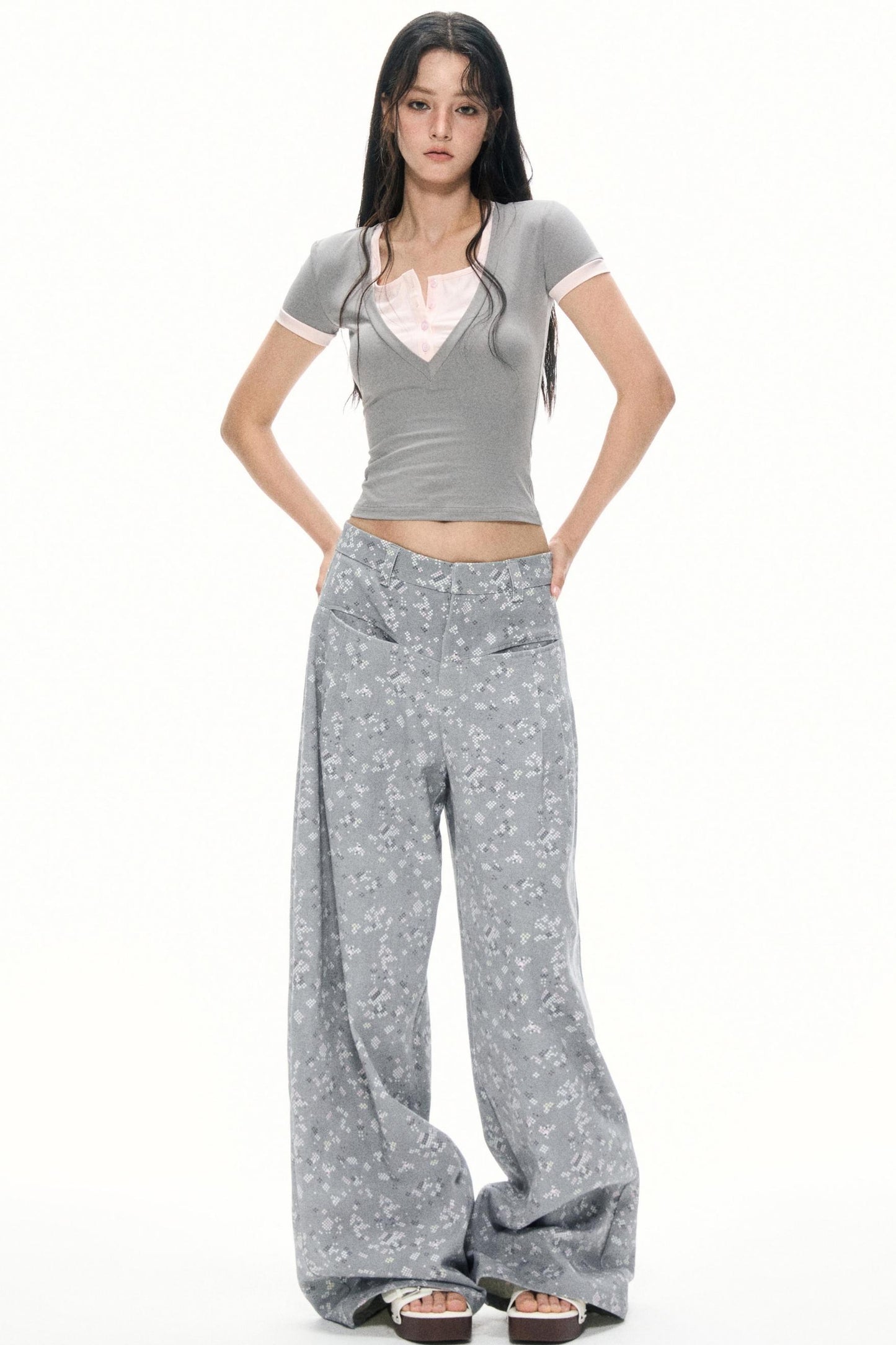 Gray Floral Wide-Leg Pants
