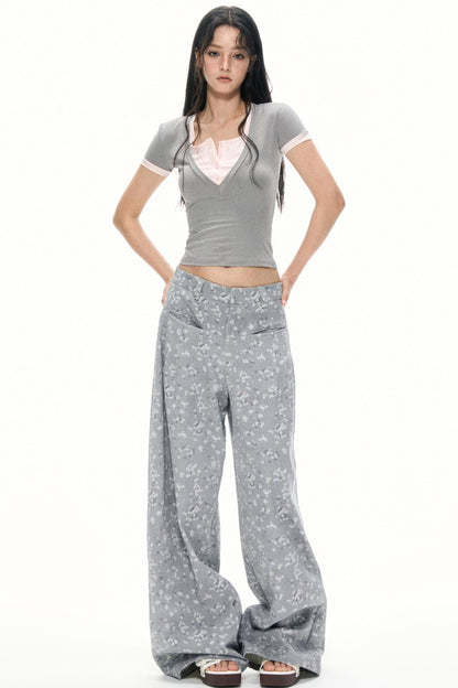 Gray Floral Wide-Leg Pants