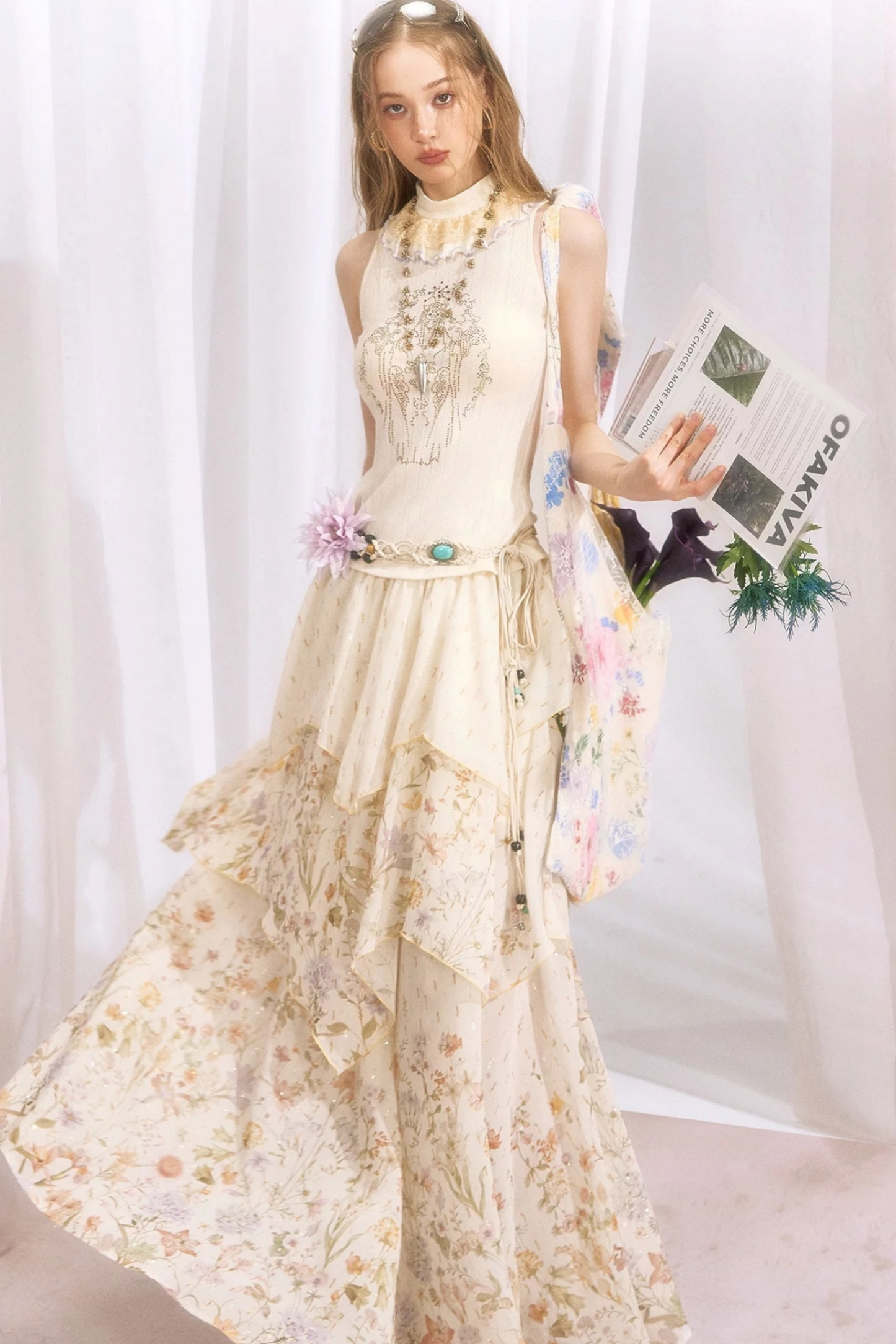 Floral Print Irregular Tiered Chiffon Skirt