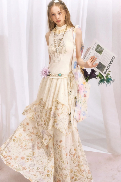 Floral Print Irregular Tiered Chiffon Skirt