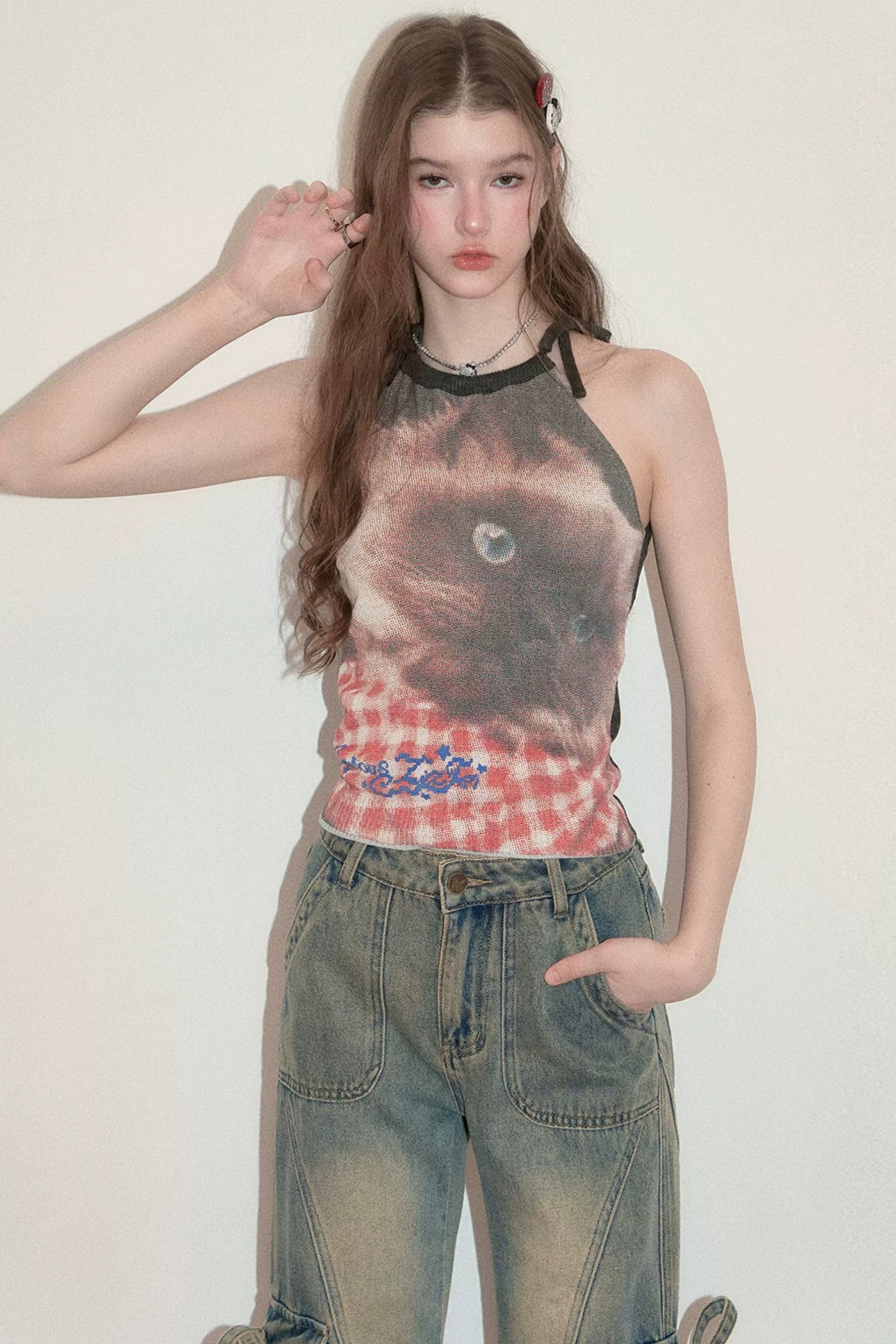 Lazy Style Cat Print Strappy Top