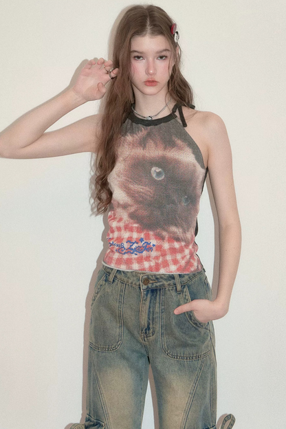 Lazy Style Cat Print Strappy Top