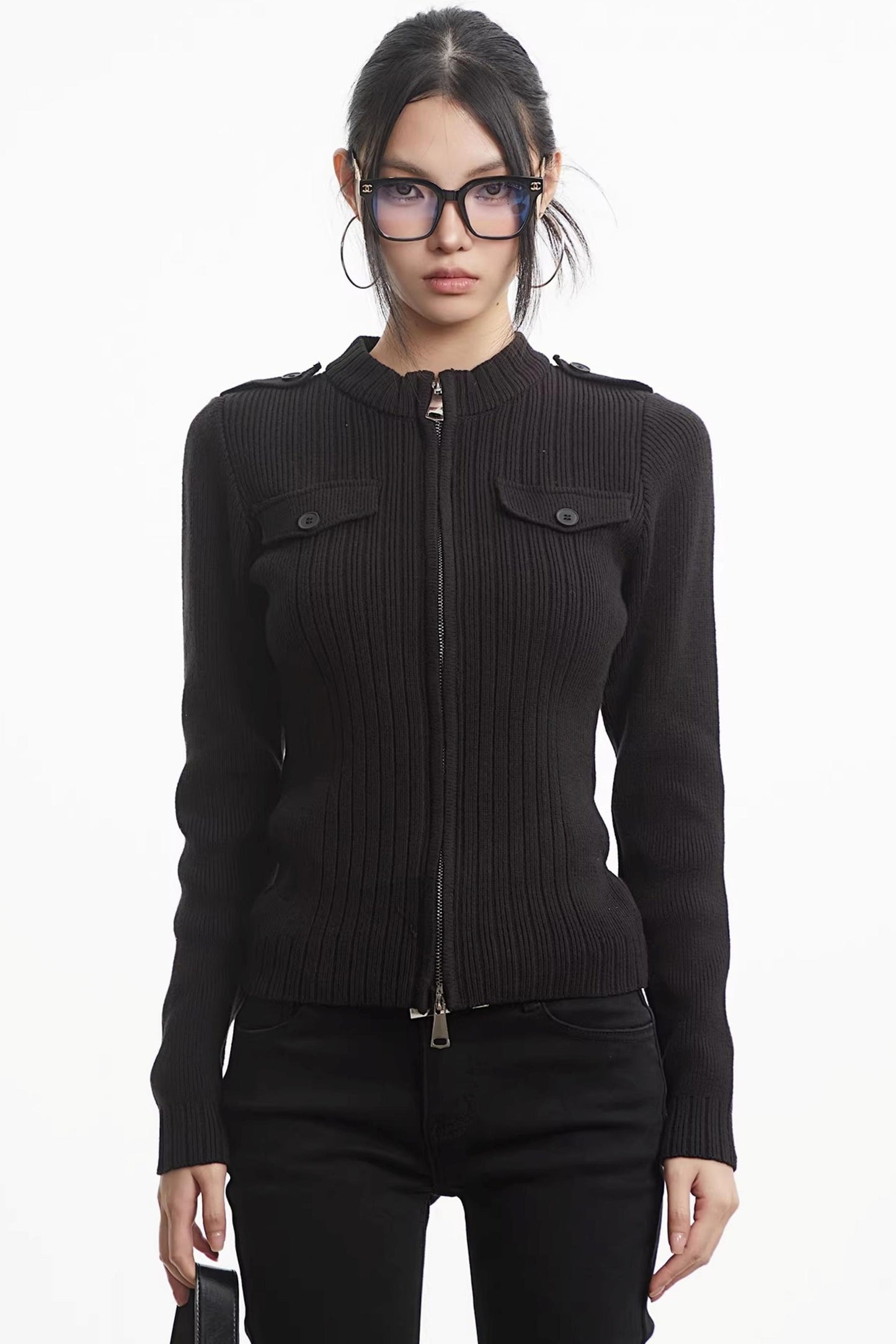 Knit Stand-Up Collar Cardigan