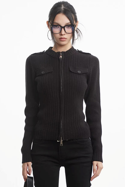 Knit Stand-Up Collar Cardigan