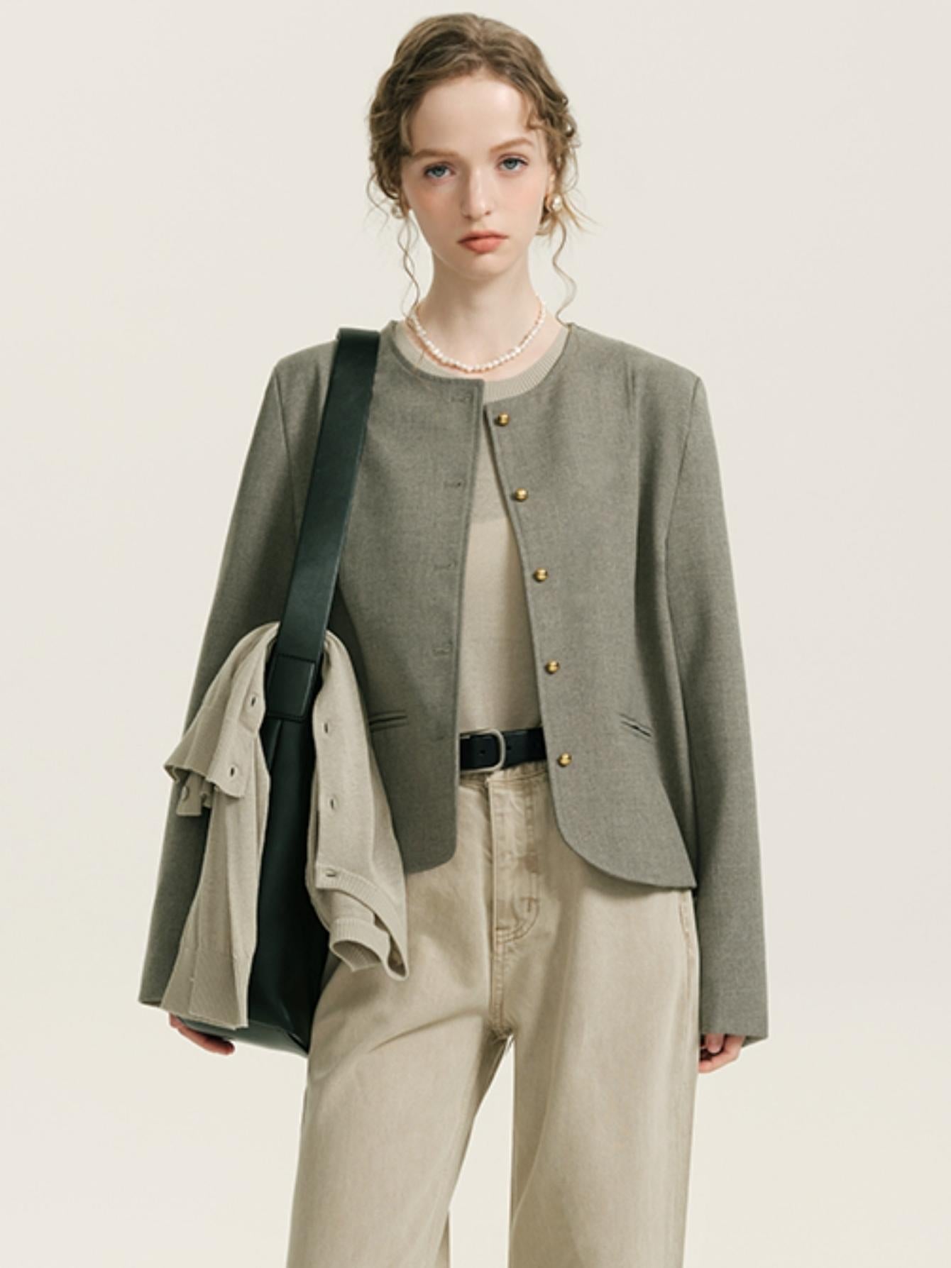 Short French Round Neck Jacket With Vest Set-Up