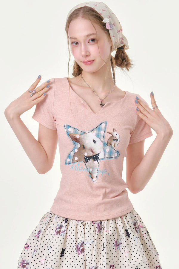 Star Rabbit Pink V-Neck T-Shirt