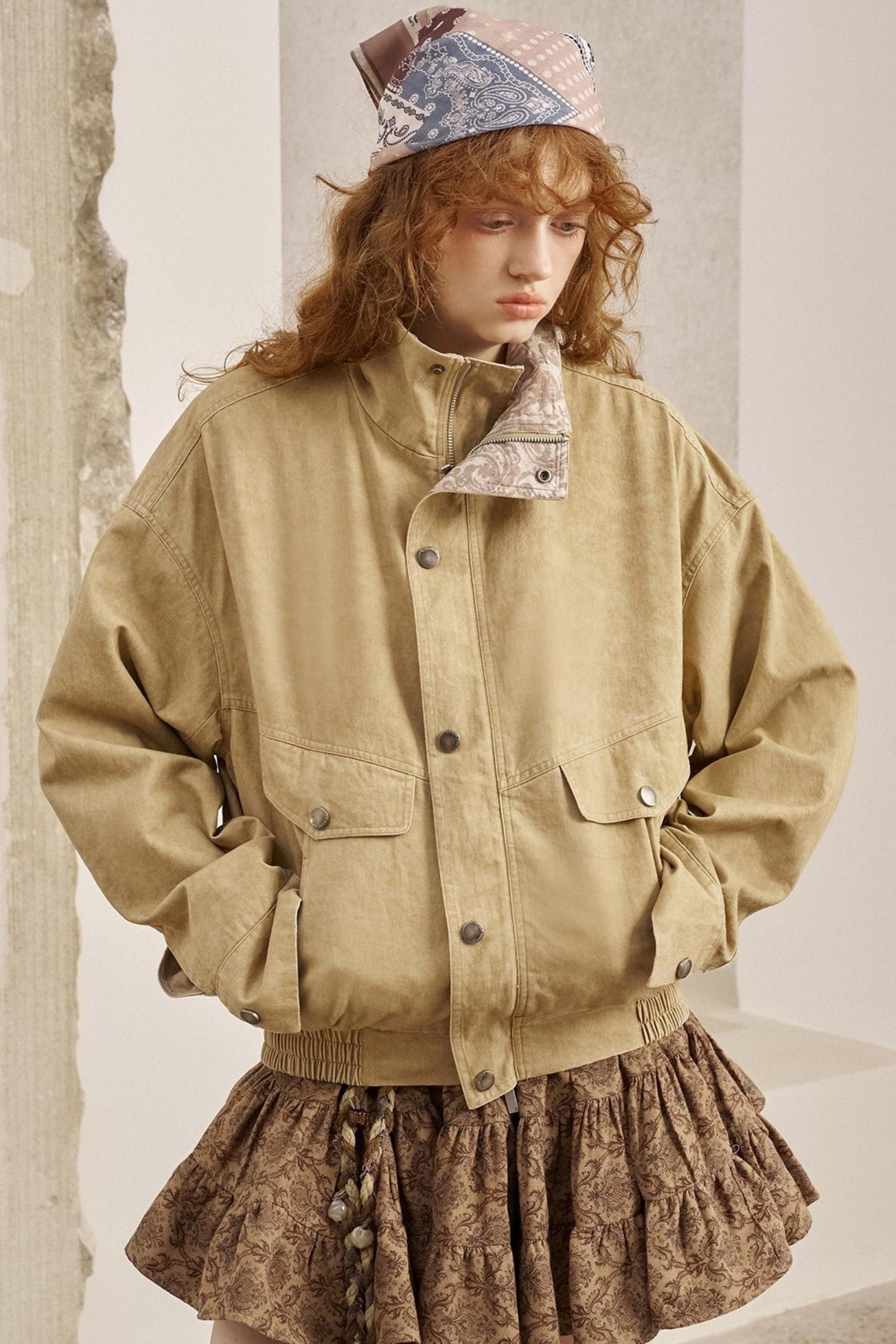 Cashew Flower Washed Stand Collar Jacket