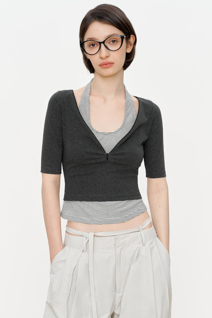 Striped Slim Zipper Tee