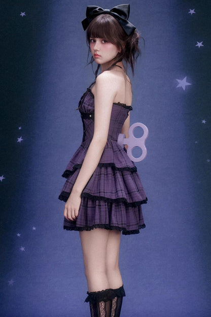 Grape Purple Plaid Strapless Dress Set