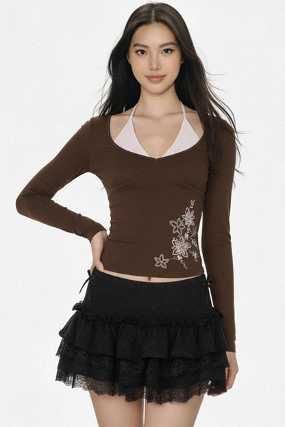 컬러 블록 플로럴 자수 탑