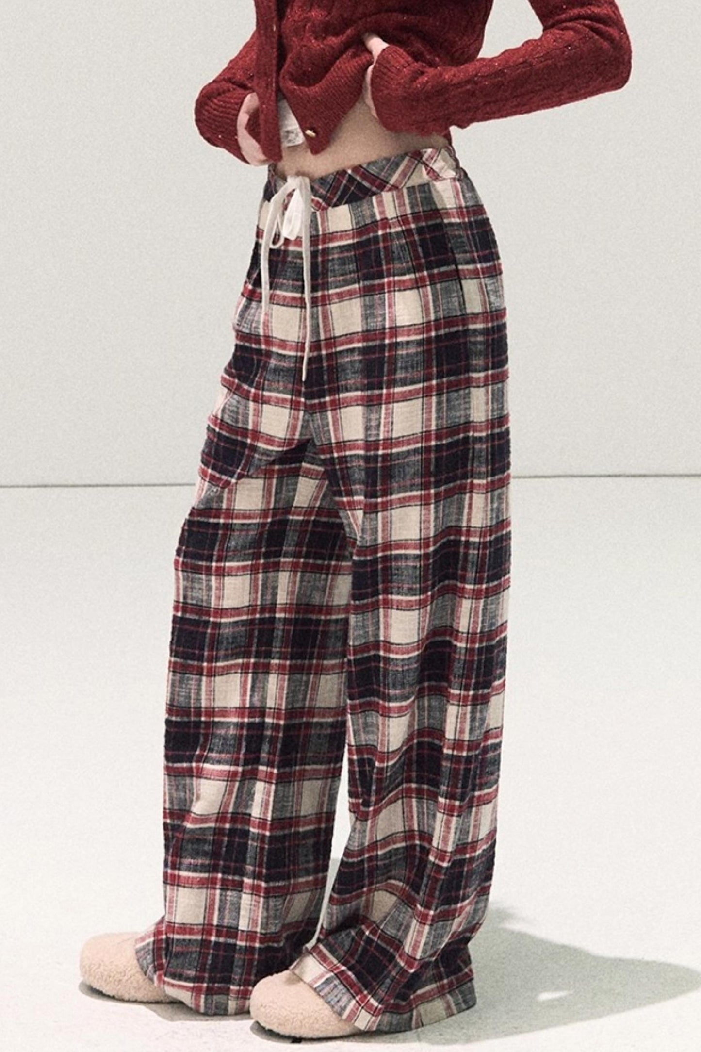 Pure Cotton Plaid Wide-Leg Pants