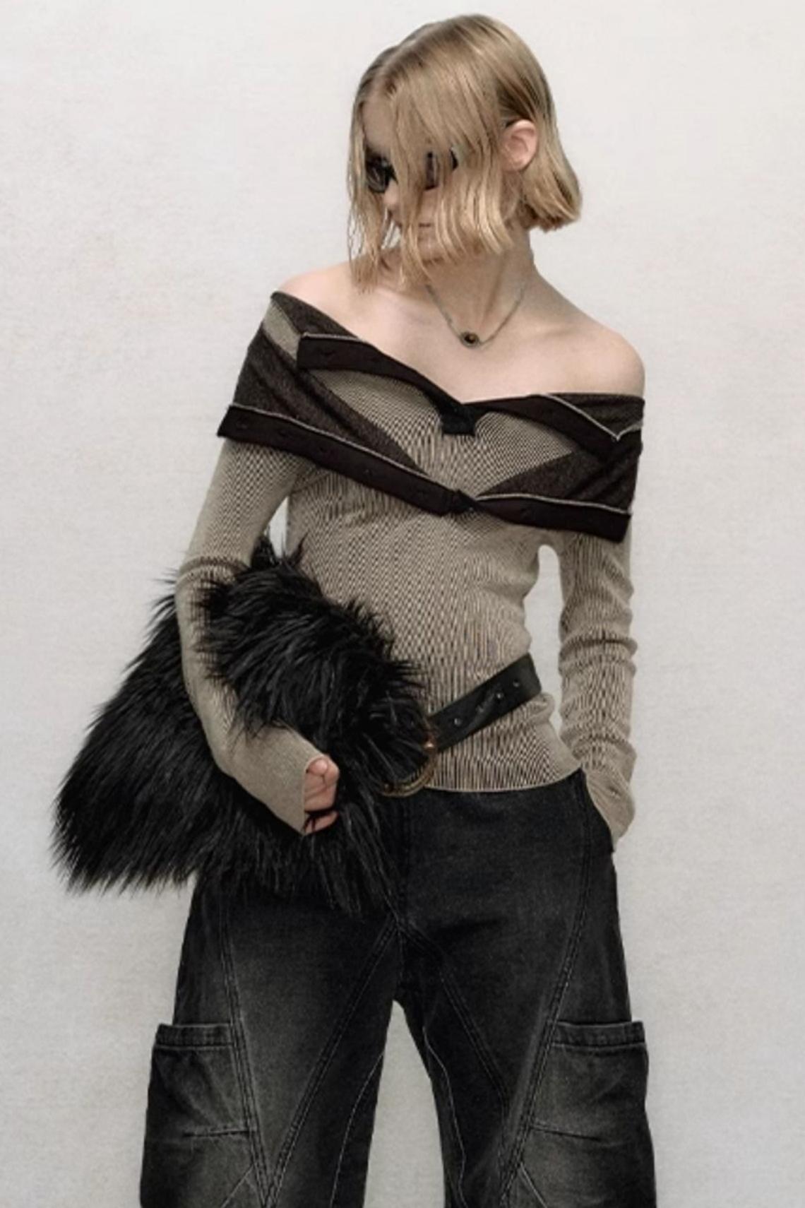 Shirt Collar Panel Knit Top