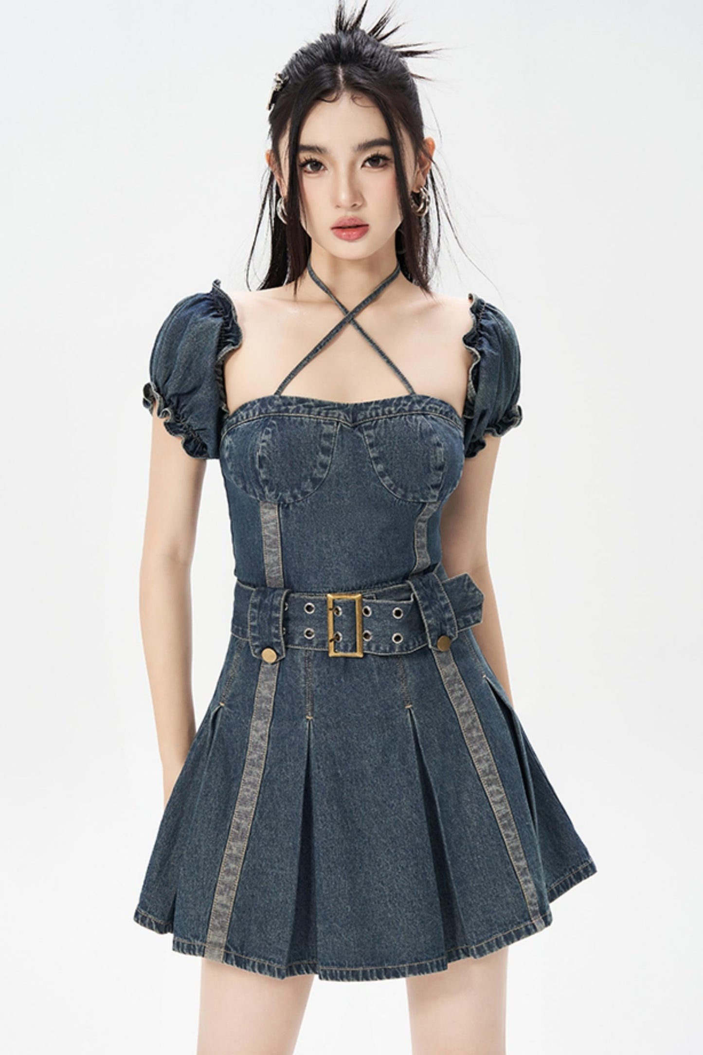 Vintage One-Shoulder Bubble Sleeves Denim Dress