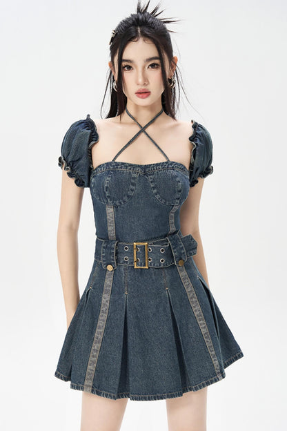 Vintage One-Shoulder Bubble Sleeves Denim Dress