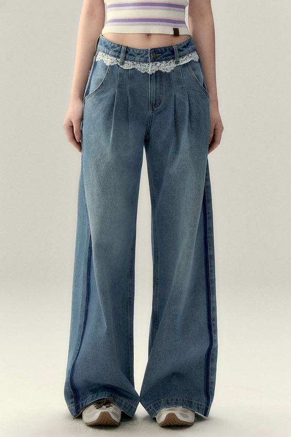 Viapitti Lace Patchwork Straight Jeans