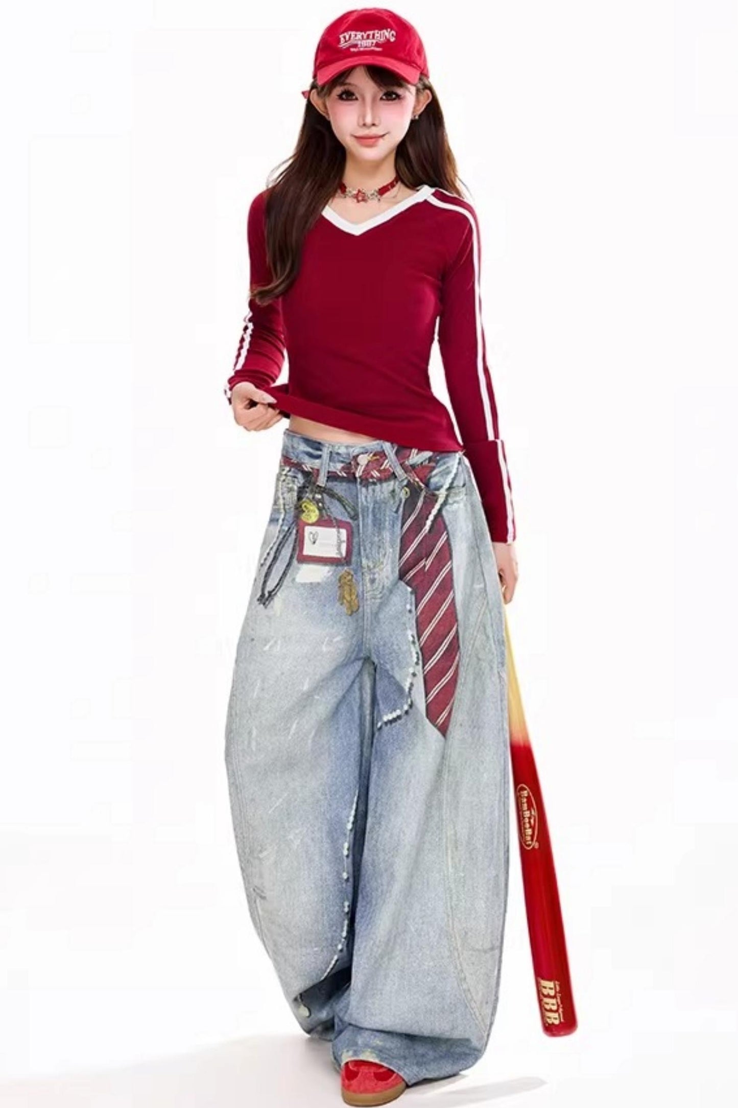 레트로 레드 V넥 탑