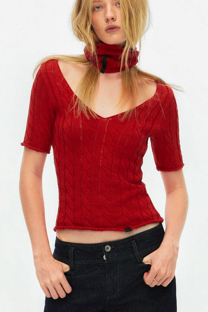 Hollow-Out Knit V-Neck Top